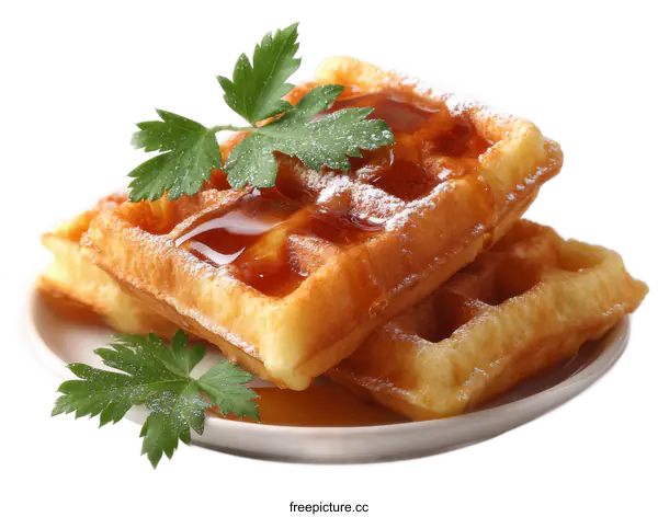 [Transparent Background PNG]Delicious Honeycomb Waffles with Syrup and Parsley