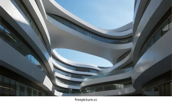 Modern Curved Building Design with Open Spaces and Blue Sky