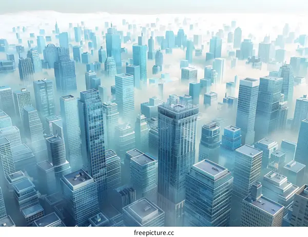 An aerial view of a city with skyscrapers shrouded in clouds.