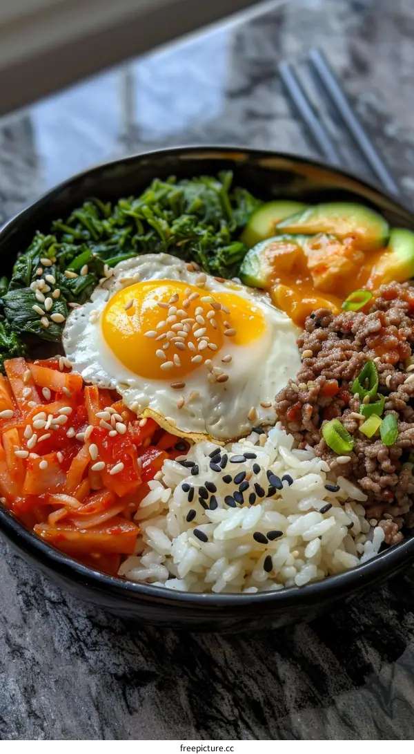 Korean Food, Bibimbap with Egg, Spinach and Kimchi