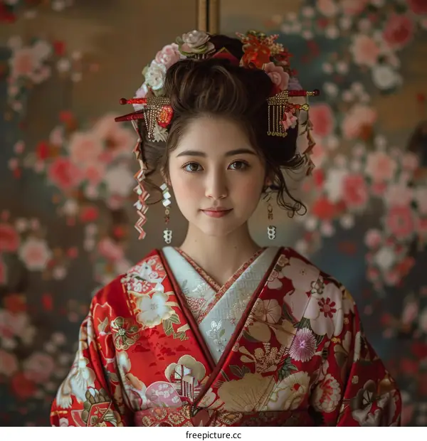 Portrait of a Japanese woman in traditional kimono