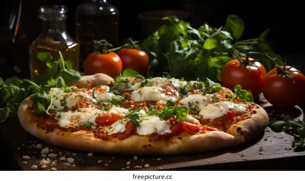 Pizza with fresh tomatoes, mozzarella cheese and basil