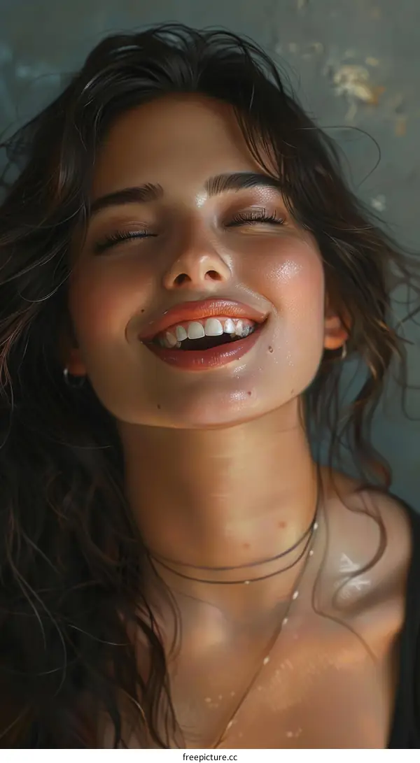 An illustration of a young woman smiling with her eyes closed