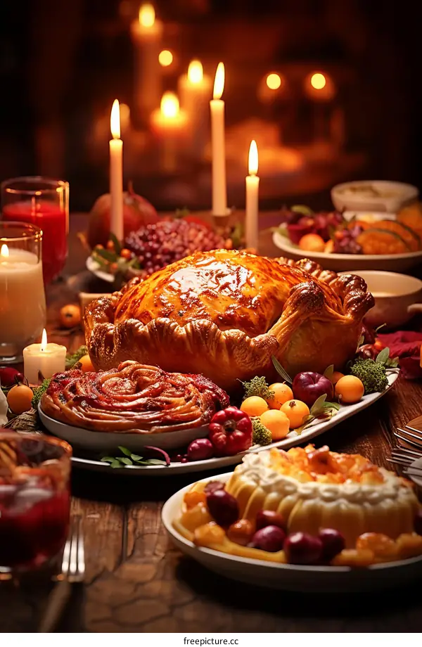 Thanksgiving Dinner Feast with Roasted Turkey and Colorful Sides