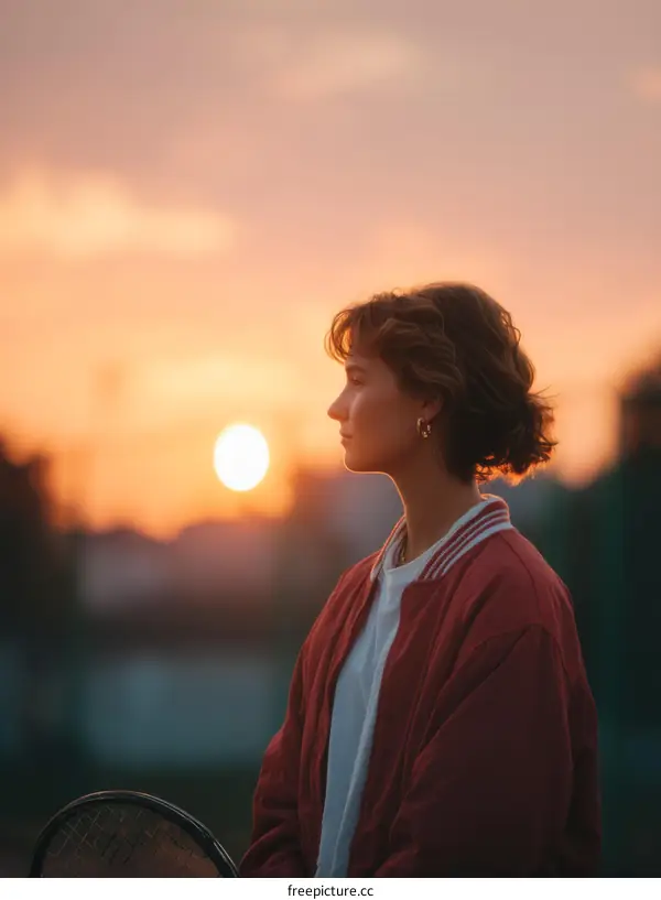 Sunset Moment of a Woman with Tennis Racket
