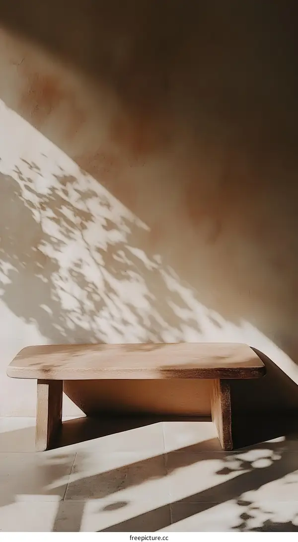 Wooden Bench with Sunlight and Shadow on the Wall
