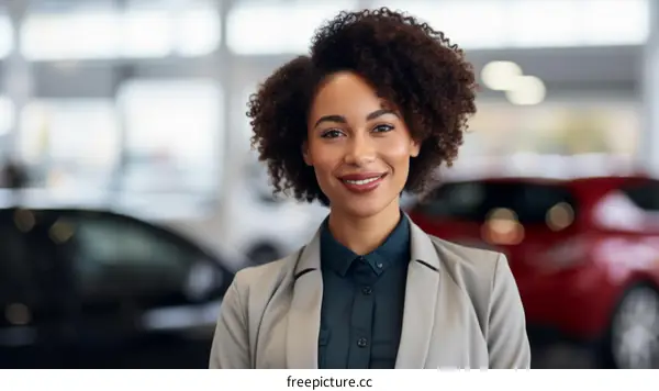 Confident young African-American businesswoman standing in a car showroom