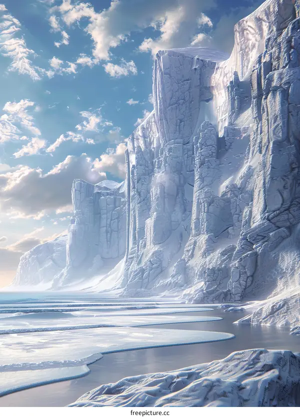 Frozen Landscape With Tall Cliffs and Blue Sky
