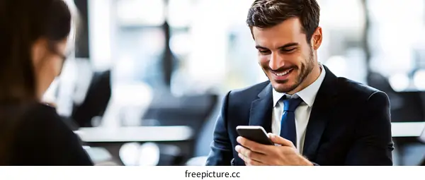 Smiling Businessman Using Smartphone In Office