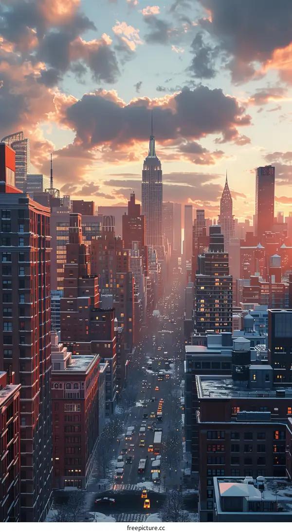 Snowy Cityscape at Sunset with Skyscrapers