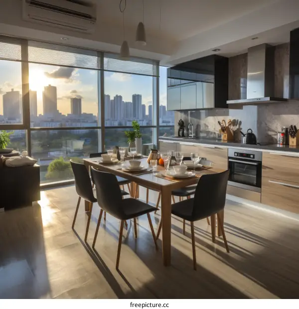 Modern apartment interior with city view