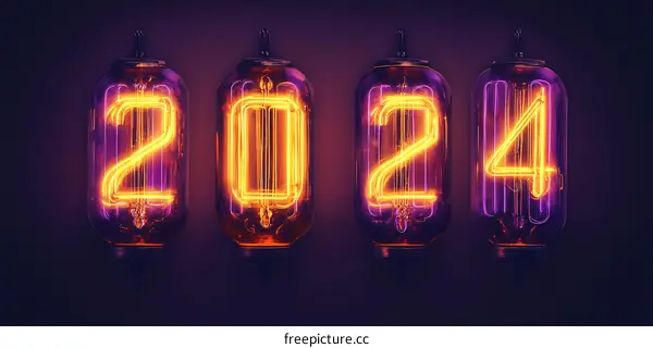 2024 Neon Numbers Display On Purple Background