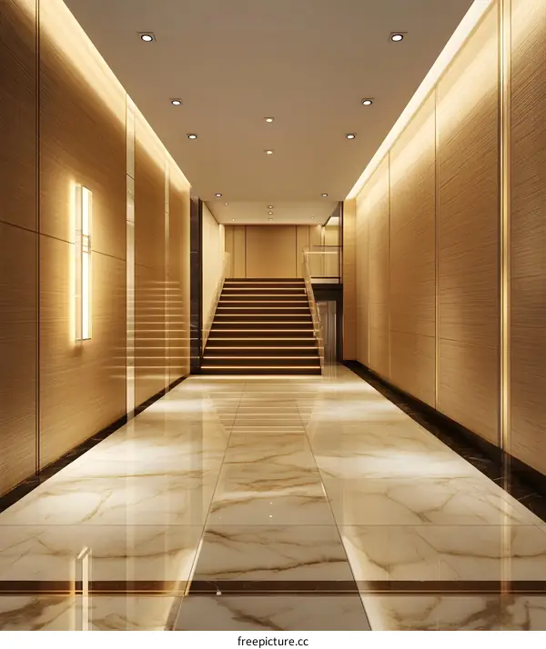 Luxury Hotel Lobby Interior Design With Staircase And Golden Marble Floor