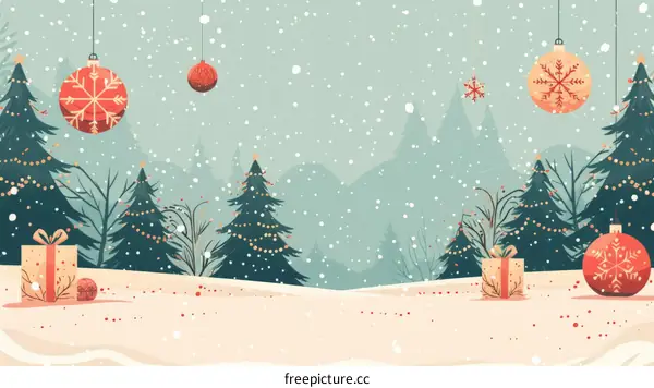 Snowy Christmas Landscape with Decorated Trees and Ornaments