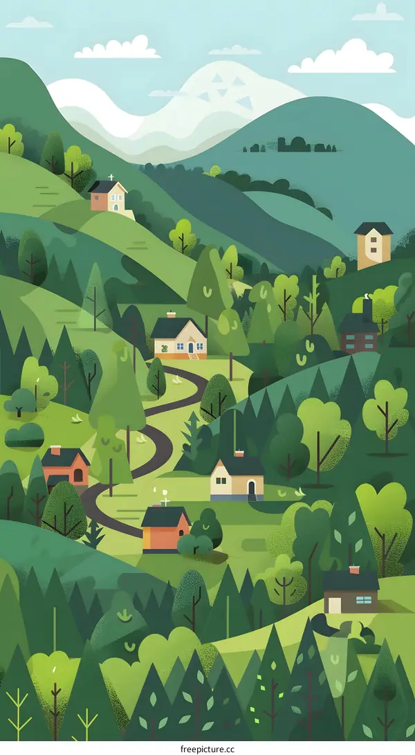 Green Mountain Landscape with Small Houses