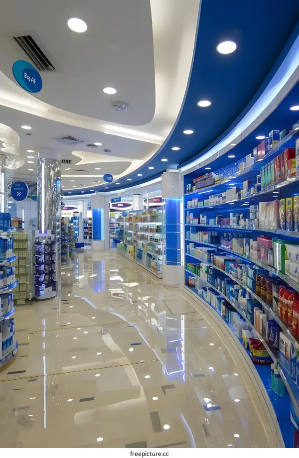Modern Pharmacy Interior Design with Blue and White Color Scheme
