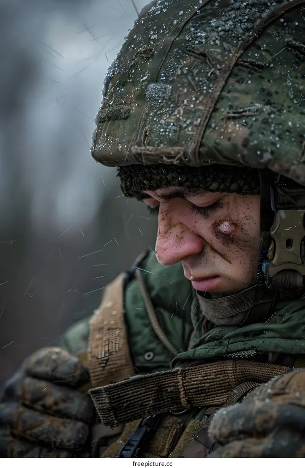 Portrait of a soldier in the snow