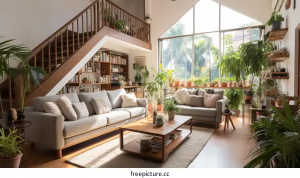 A bright and airy living room with a large windows and lots of plants