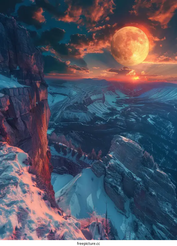 Huge red moon rising over snow-capped mountains