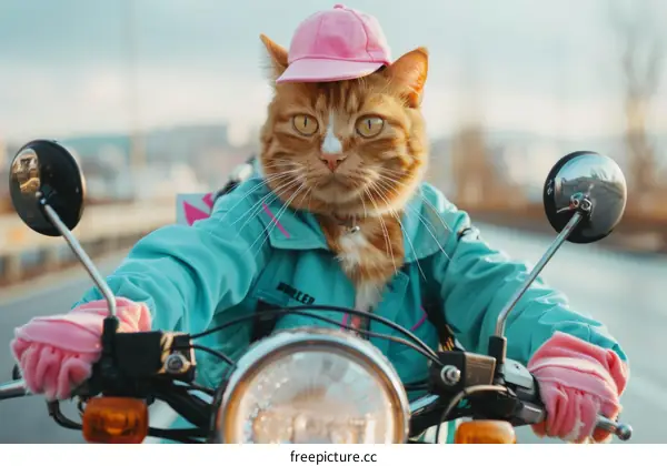 Cat in a pink hat and gloves rides a motorcycle