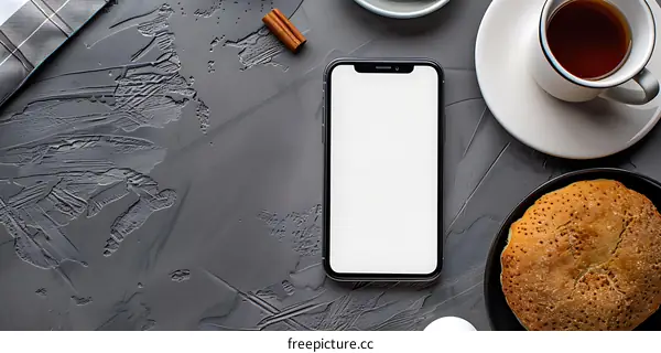Top View of Smartphone with a Cup of Tea and a Cinnamon Stick