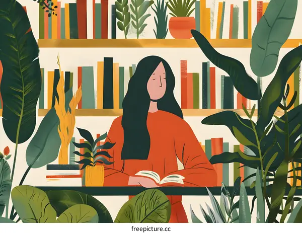 Woman Reading a Book Surrounded by Plants and Books