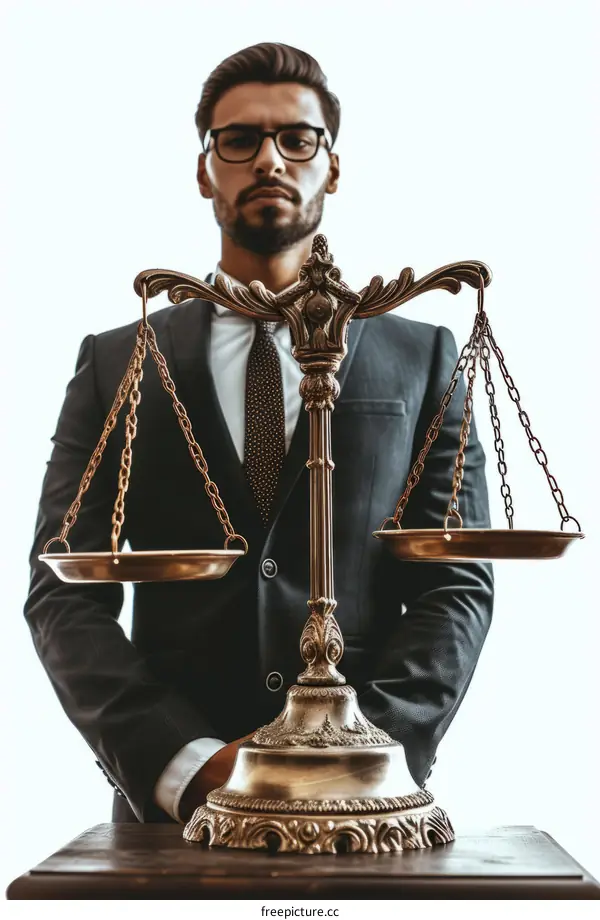 Bearded man in suit holding scales of justice