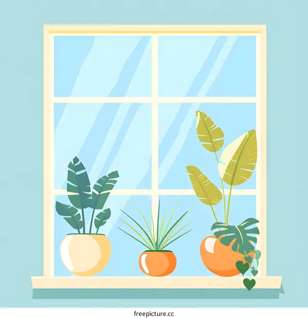 Window With Three Plants In Pots On The Windowsill