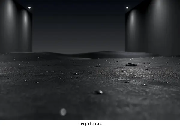 Pebbles on wet sand with spotlights in the distance