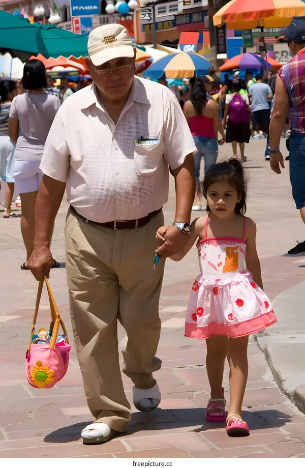 Man and Girl Walking Together in a Busy City Market