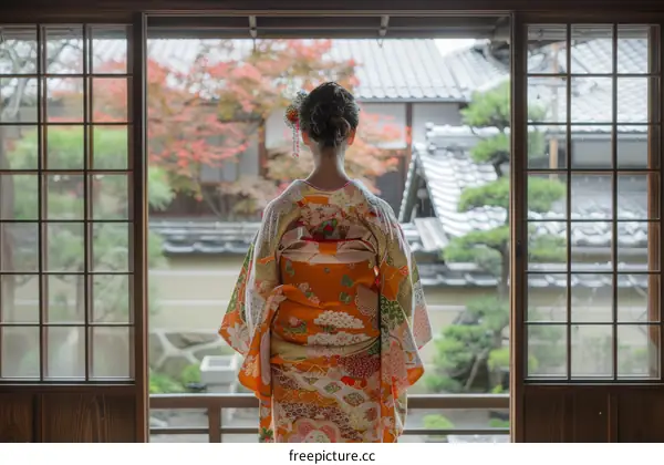 A woman wearing a kimono is standing in a traditional Japanese house.
