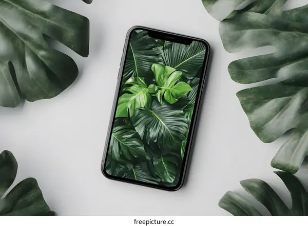 Modern Phone with Tropical Leaves Mockup