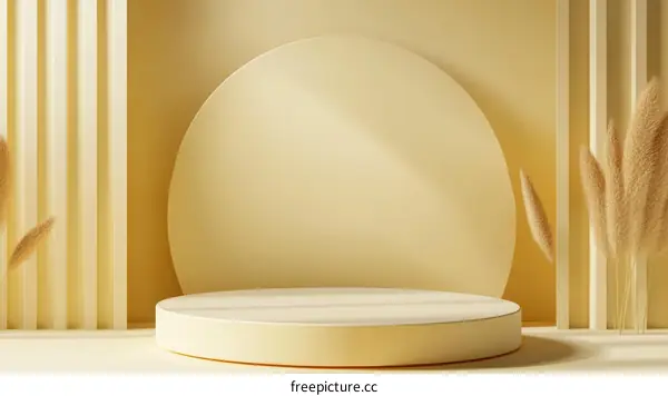 Empty Beige Display Podium with Pampas Grass