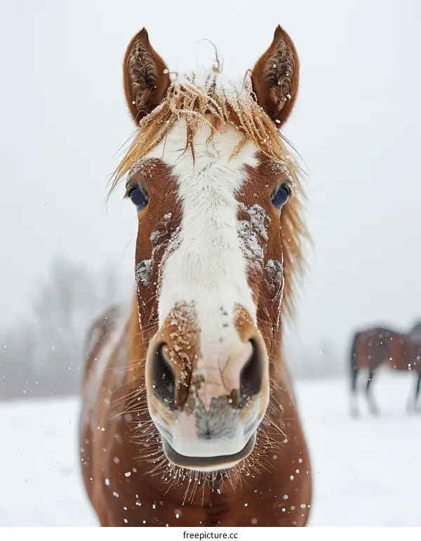 Close up portrait of a brown and white horse in the snow