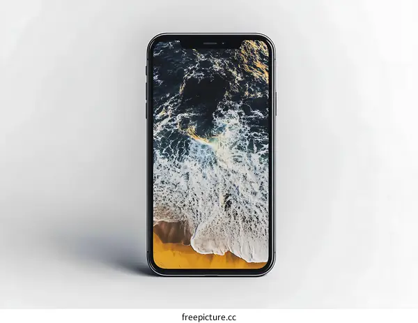 Black Smartphone on White Background with Ocean Waves Wallpaper