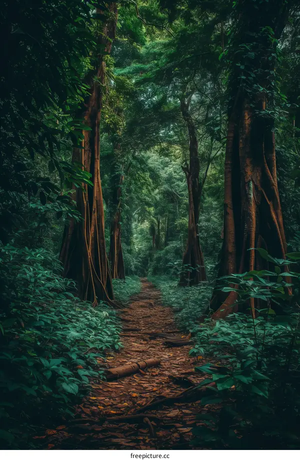 The dense and lush green jungle forest path