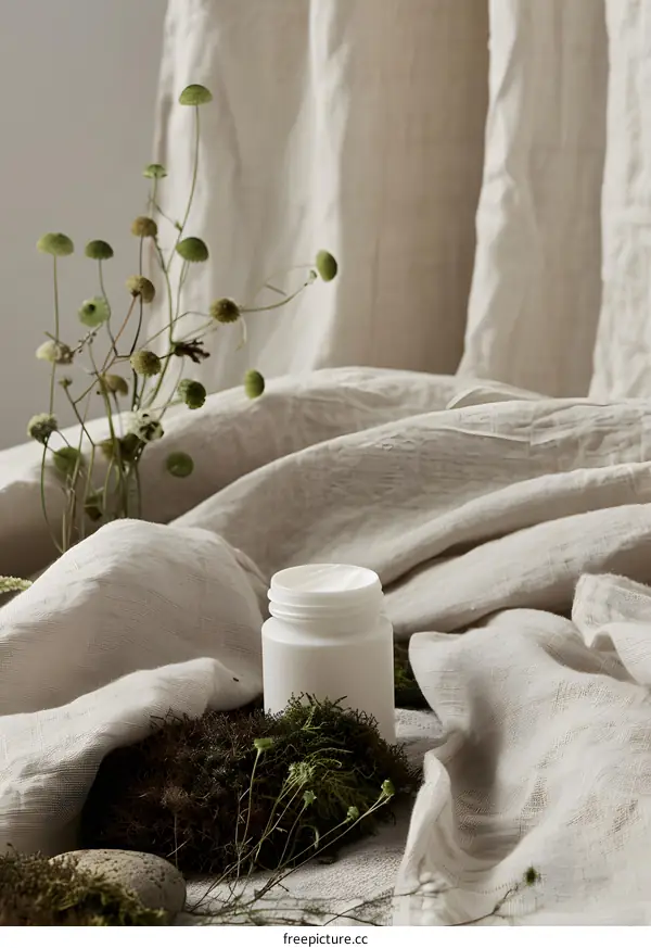 White Cream Jar On  Moss and Linen Fabric