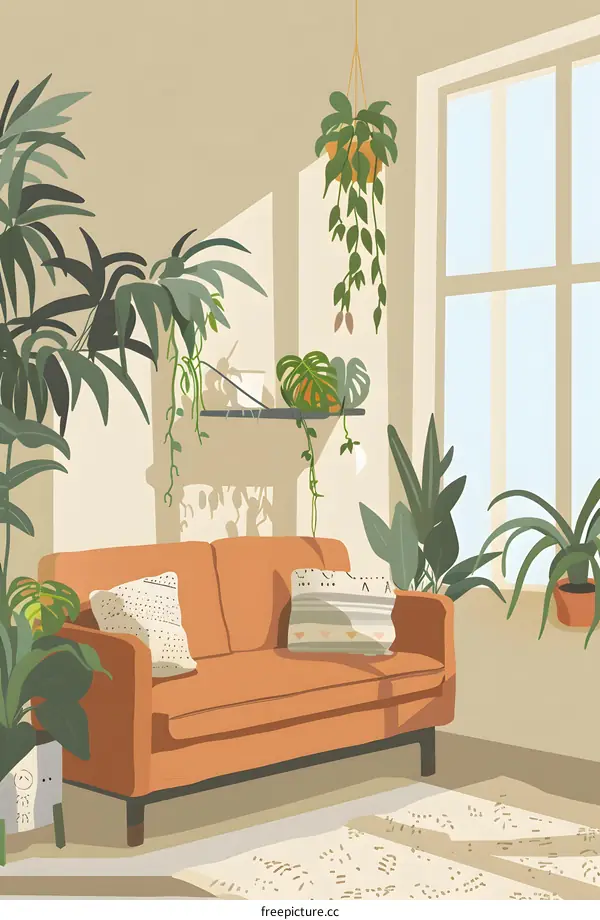 Living Room with Orange Sofa and Plants Illustration