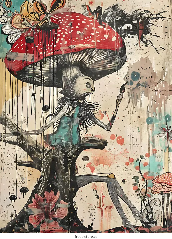 Abstract Art Illustration of a Woman Sitting Under a Mushroom