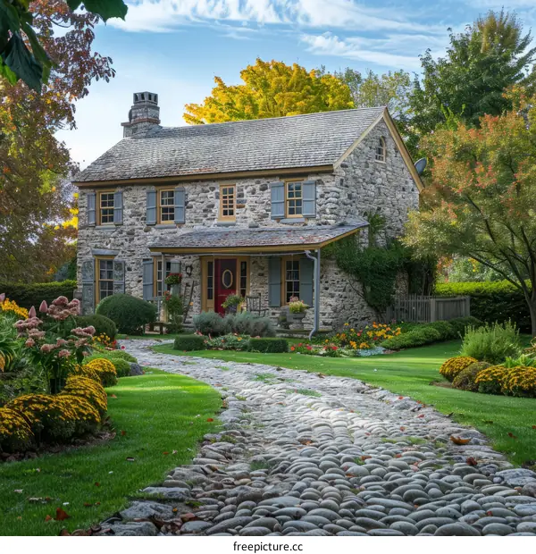 Charming Stone Farmhouse with Cobblestone Path in Autumn