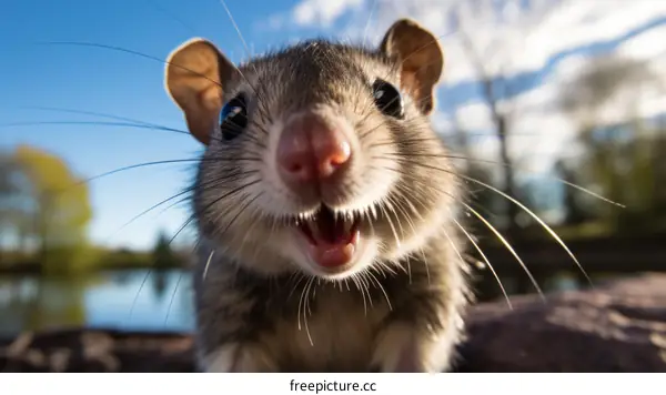 Close-up of a rat outdoors with its mouth open and teeth exposed