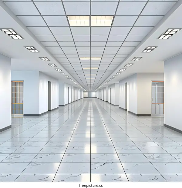 Empty White Corridor with Tile Floor and Recessed Lighting
