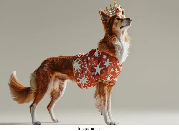 A dog wearing a red and gold jacket and a crown