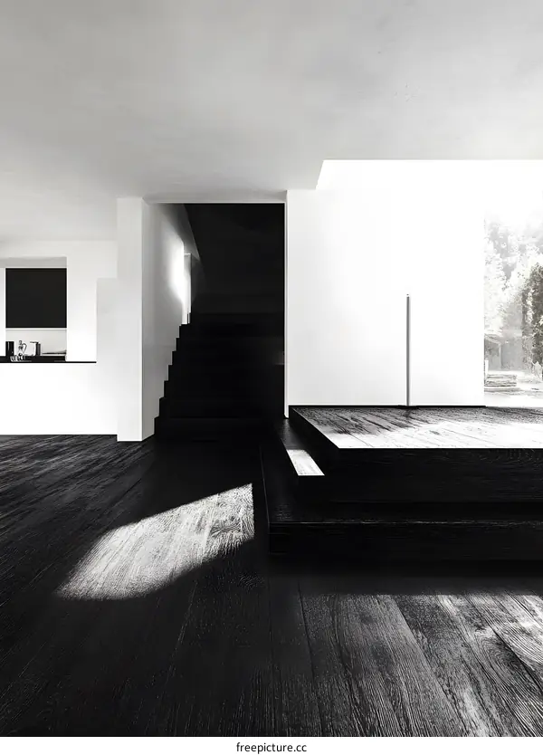 Modern Minimalist Interior Design with Black Stairs and White Walls
