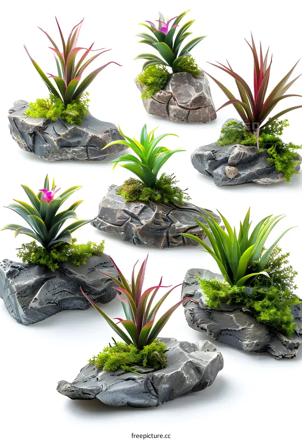 Artificial plants in pots made of stone