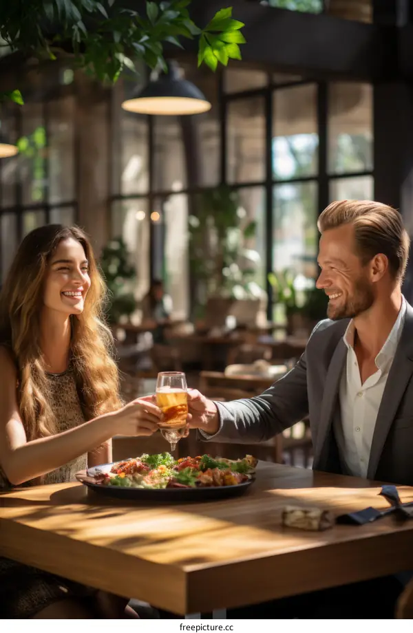 Blond man and woman in formal wear toasting champagne glasses over a meal