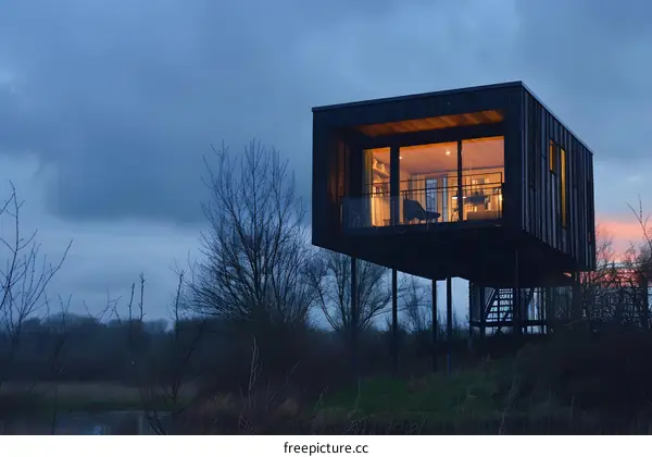 Modern Black Wooden Cabin on Stilts Overlooking Water