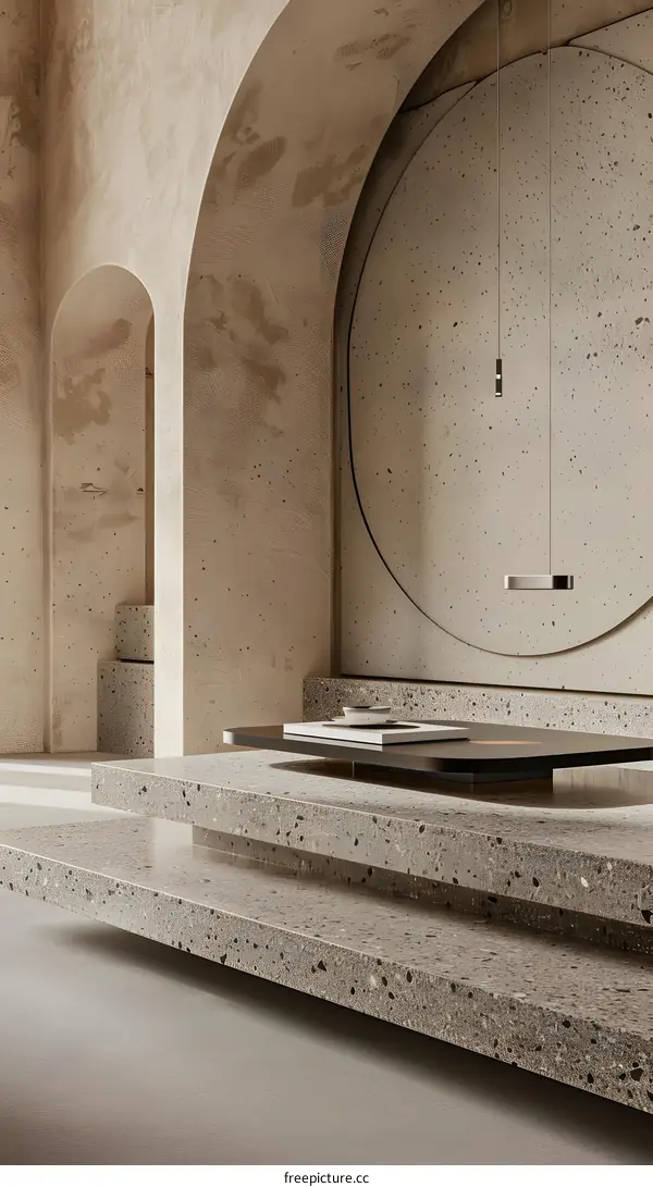 Modern Minimalist Interior Design with Concrete Walls and Arched Windows