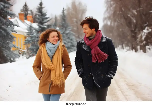 Couple Walking in Winter Snow
