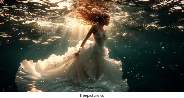 Woman in White Dress Floating Underwater